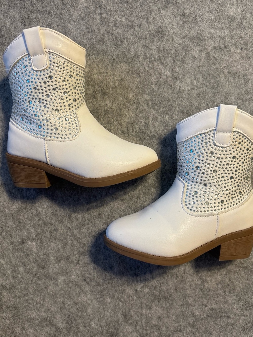 White Kids Rhinestone Western Booties with Low Heel